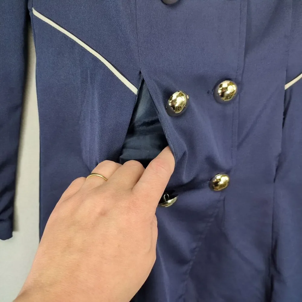 Korean Women's M Double Breasted Mid-Length Satin Navy Blazer‎ Jacket w/ Pockets